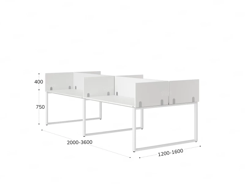 Бенч-система, 4 рабочих места, на О-образных опорах, 8 ЛДСП экранов 3200x1200x750 RM170-1-16x12 Белый/Белый