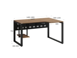 Стол угловой, экран металл, О-опора, левый 1400x900/1200x750, RM056-14x9-12 Дуб Юстус/Черный