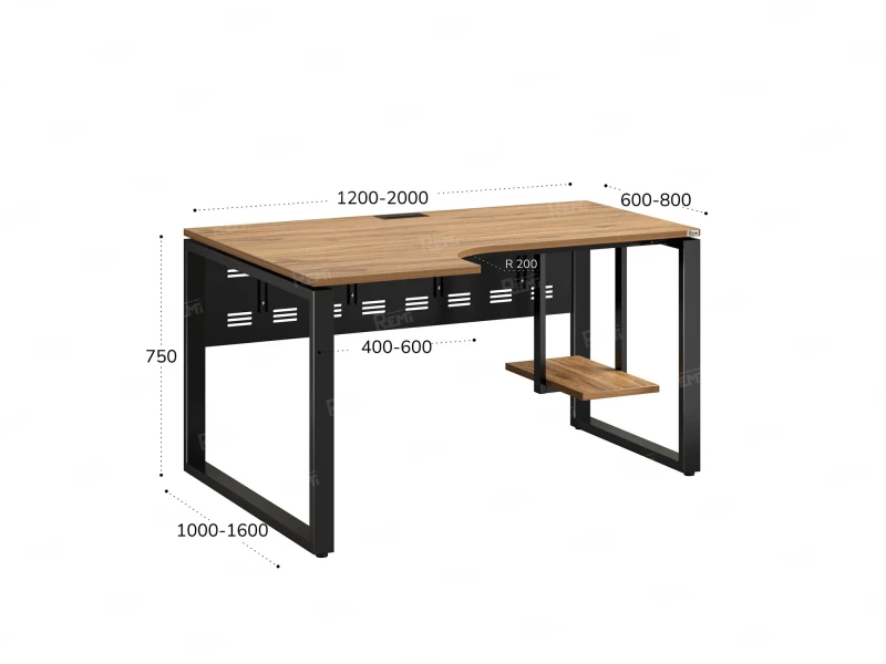 Стол угловой, экран металл, О-опора, левый 1400x900/1200x750, RM056-14x9-12 Дуб Юстус/Черный