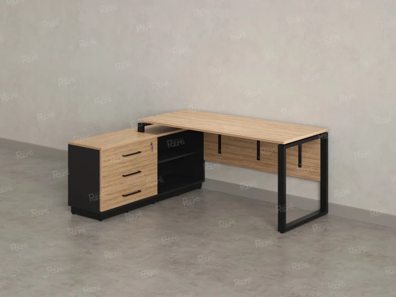 Стол прямой с тумбой L, ЛДСП экран, О-опора 1400x1400x750 RM013L-14x6 Вяз Швейцарский светлый/Черный