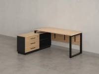 Стол прямой с тумбой L, ЛДСП экран, О-опора 1400x1400x750 RM013L-14x6 Вяз Швейцарский светлый/Черный