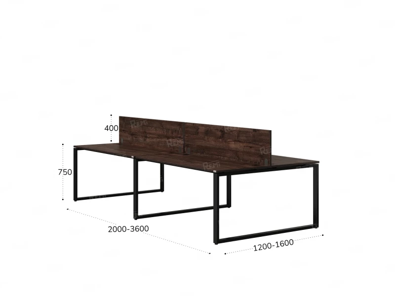 Бенч-система, 4 рабочих места, на О-образных опорах, 2 ЛДСП экранов 3600x1200x750 RM170-4-18x12 Дуб Апрельский шоколад/Черный