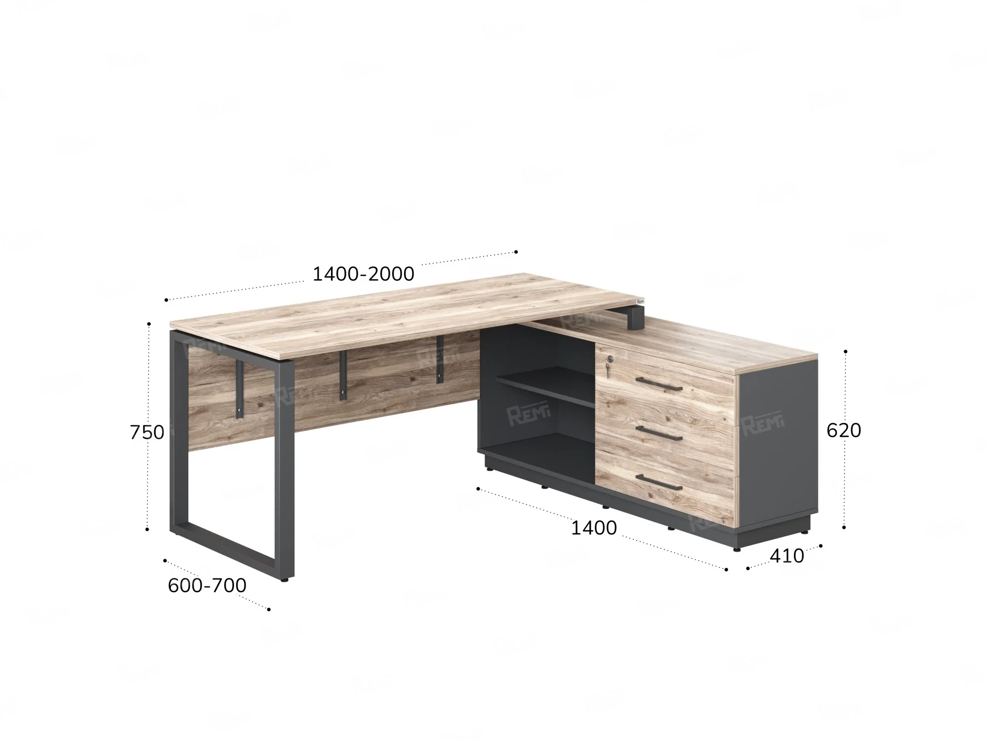 Стол прямой с тумбой R, ЛДСП экран, О-опора 1800x1400x750 RM012R-18x7 Дуб Маувелла/Серый