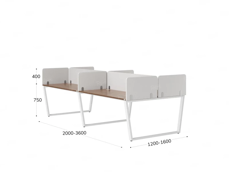 Бенч-система, 4 рабочих места, на U-образных опорах, 8 тканевых экранов 2000x1200x750 RM173-1-10x12 Дуб Юстус/Белый