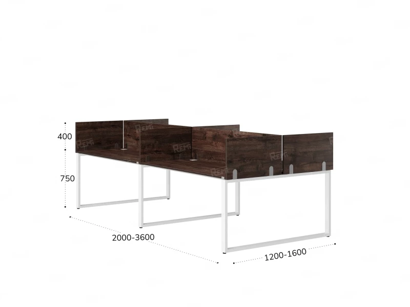 Бенч-система, 4 рабочих места, на О-образных опорах, 8 ЛДСП экранов 2000x1600x750 RM170-1-10x16 Дуб Апрельский шоколад/Белый