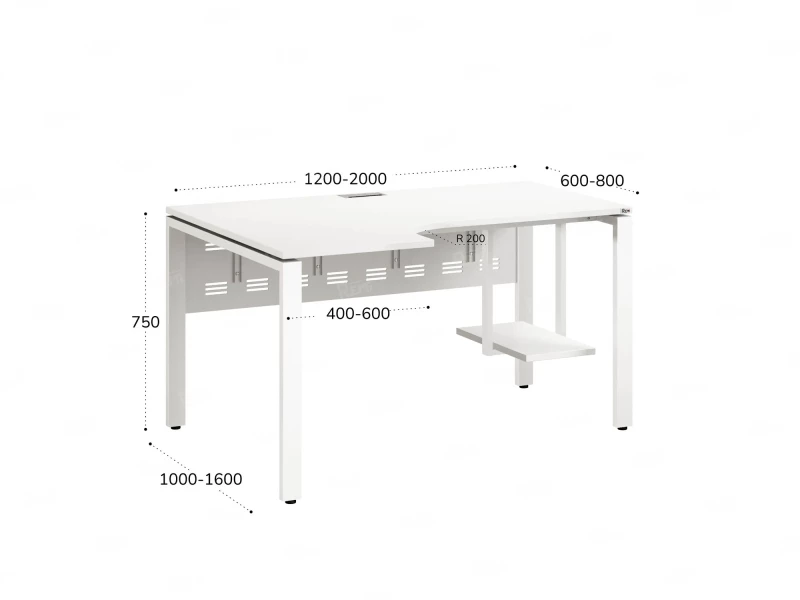 Стол угловой, экран металл, П-опора, левый 1400x600/900x750, RM059-14x6-9 Белый/Белый