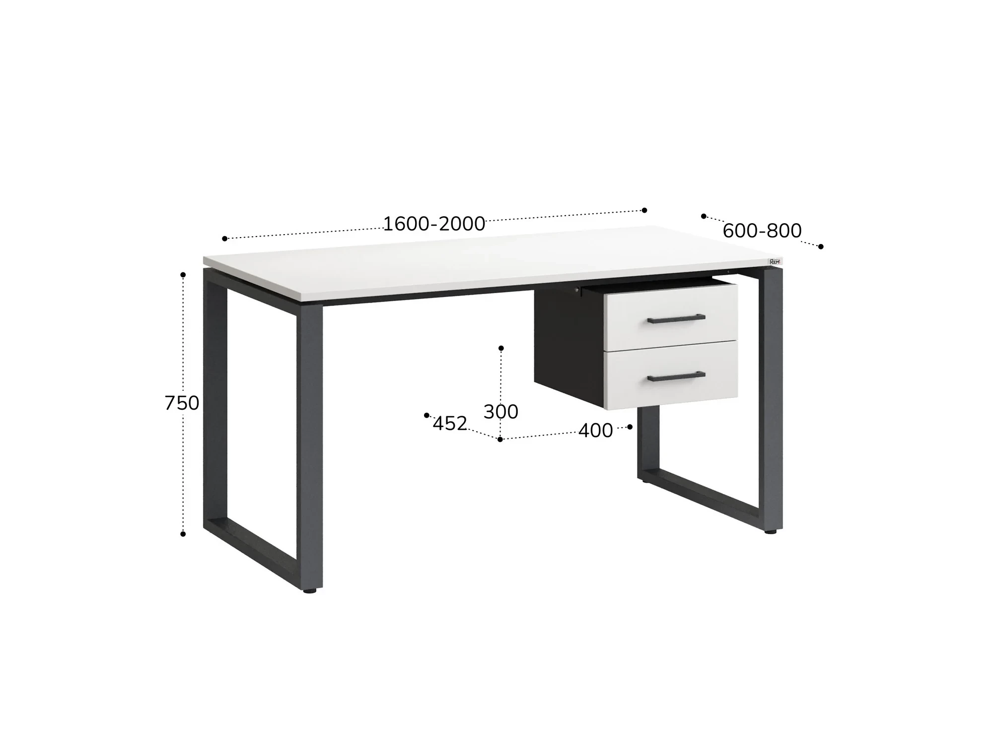 Стол прямой с подвесной тумбой 2 ящика, О-опора 1600x700x750 RM037-16x7 Белый/Серый