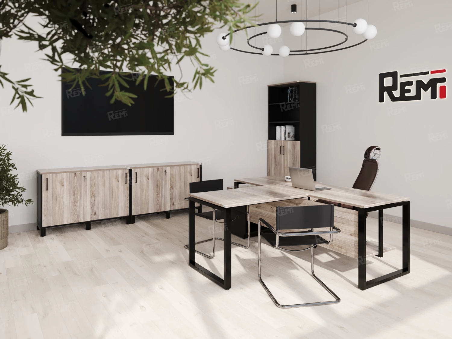 Стол прямой, подвесная тумба, ЛДСП экран, П-опора 1600x800x750 RM031-16x8 Дуб Маувелла/Черный