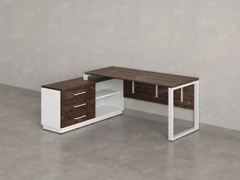 Стол прямой с тумбой L, ЛДСП экран, О-опора 1400x1400x750 RM013L-14x6 Дуб Апрельский шоколад/Белый