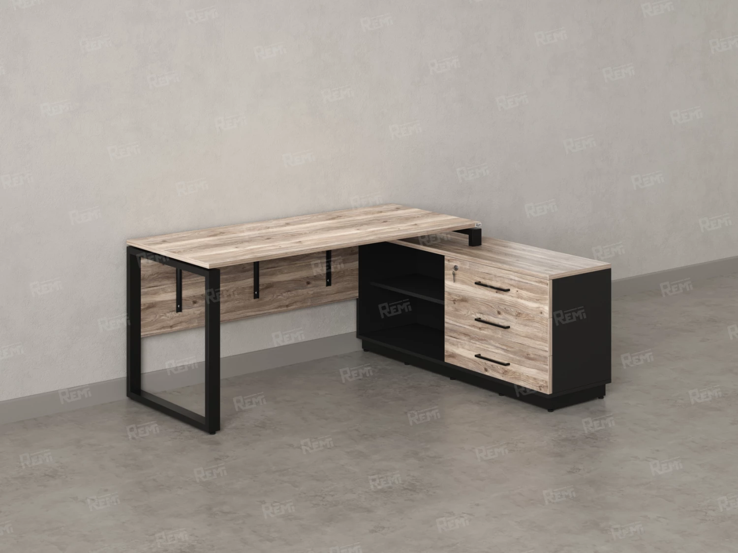 Стол прямой с тумбой R, ЛДСП экран, О-опора 1800x700x750 RM012R-18x7 Дуб Маувелла/Черный