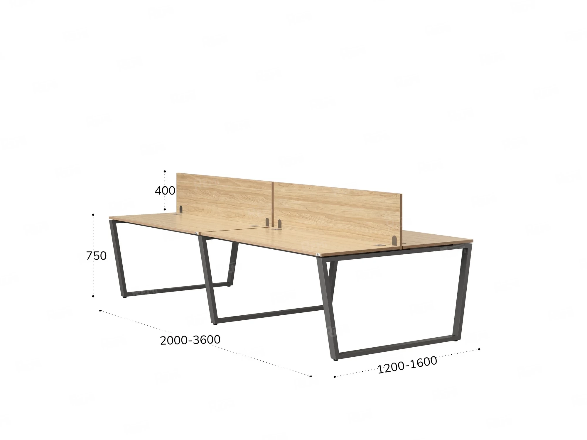 Бенч-система, 4 рабочих места, на U-образных опорах, 2 ЛДСП экранов 3200x1200x750 RM173-4-16x12 Вяз Швейцарский светлый/Серый