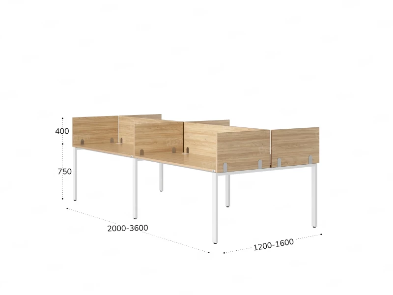 Бенч-система, 4 рабочих места, на П-образных опорах, 8 ЛДСП экранов 2400x1400x750 RM166-2-12x14 Вяз Швейцарский светлый/Белый