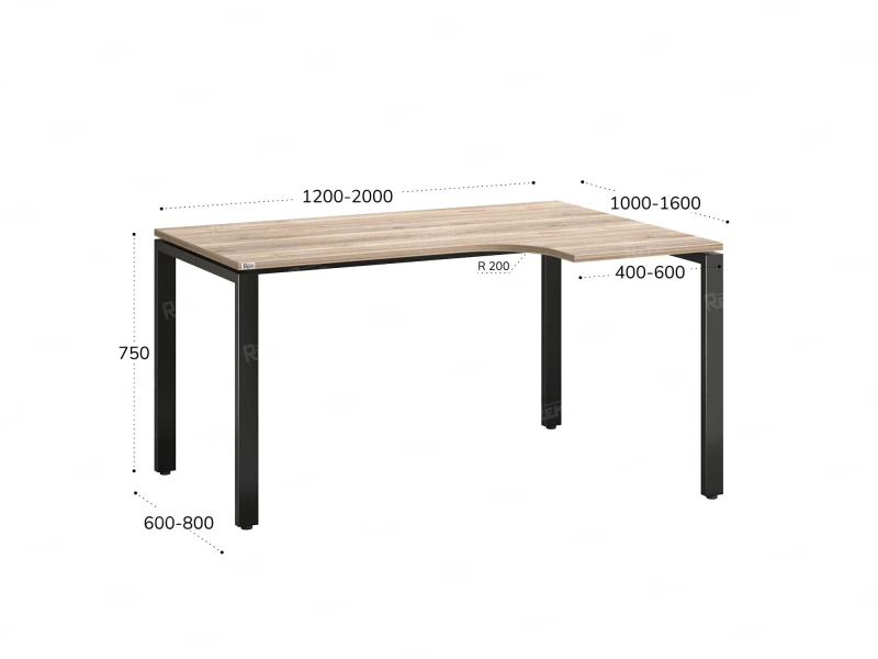 Стол угловой, П-опора, правый 1400x800/1000x750, RM052-14x8-10 Дуб Маувелла/Черный