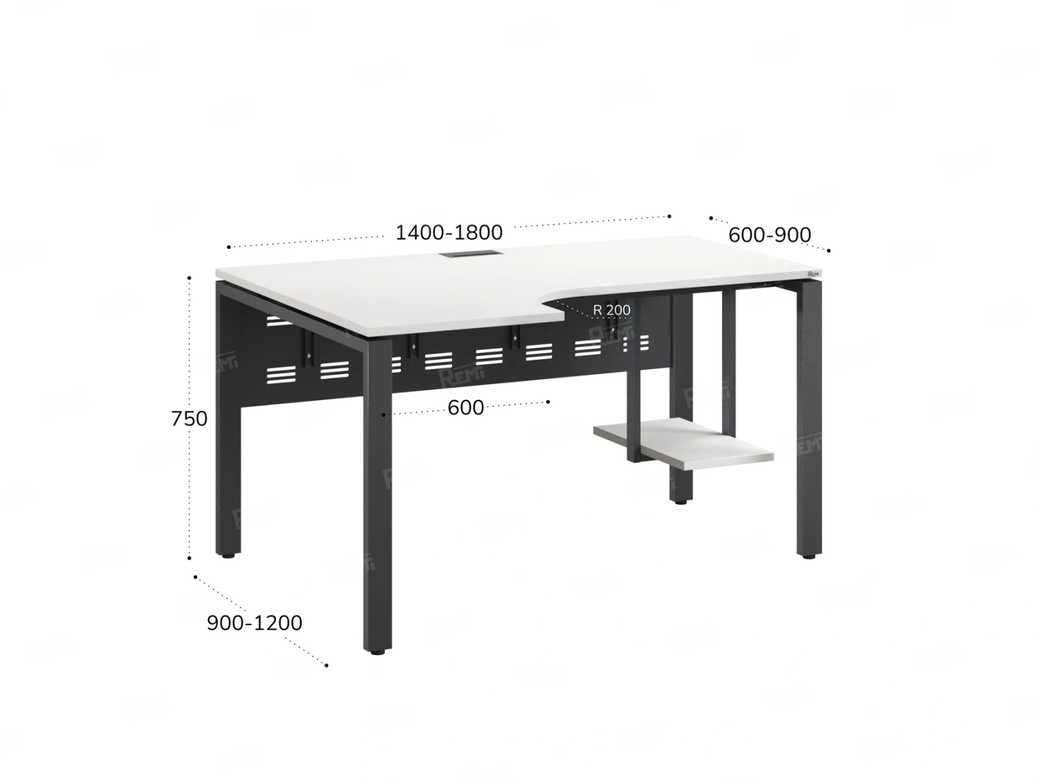 Стол угловой, экран металл, П-опора, левый 1400x600/900x750, RM059-14x6-9 Белый/Серый