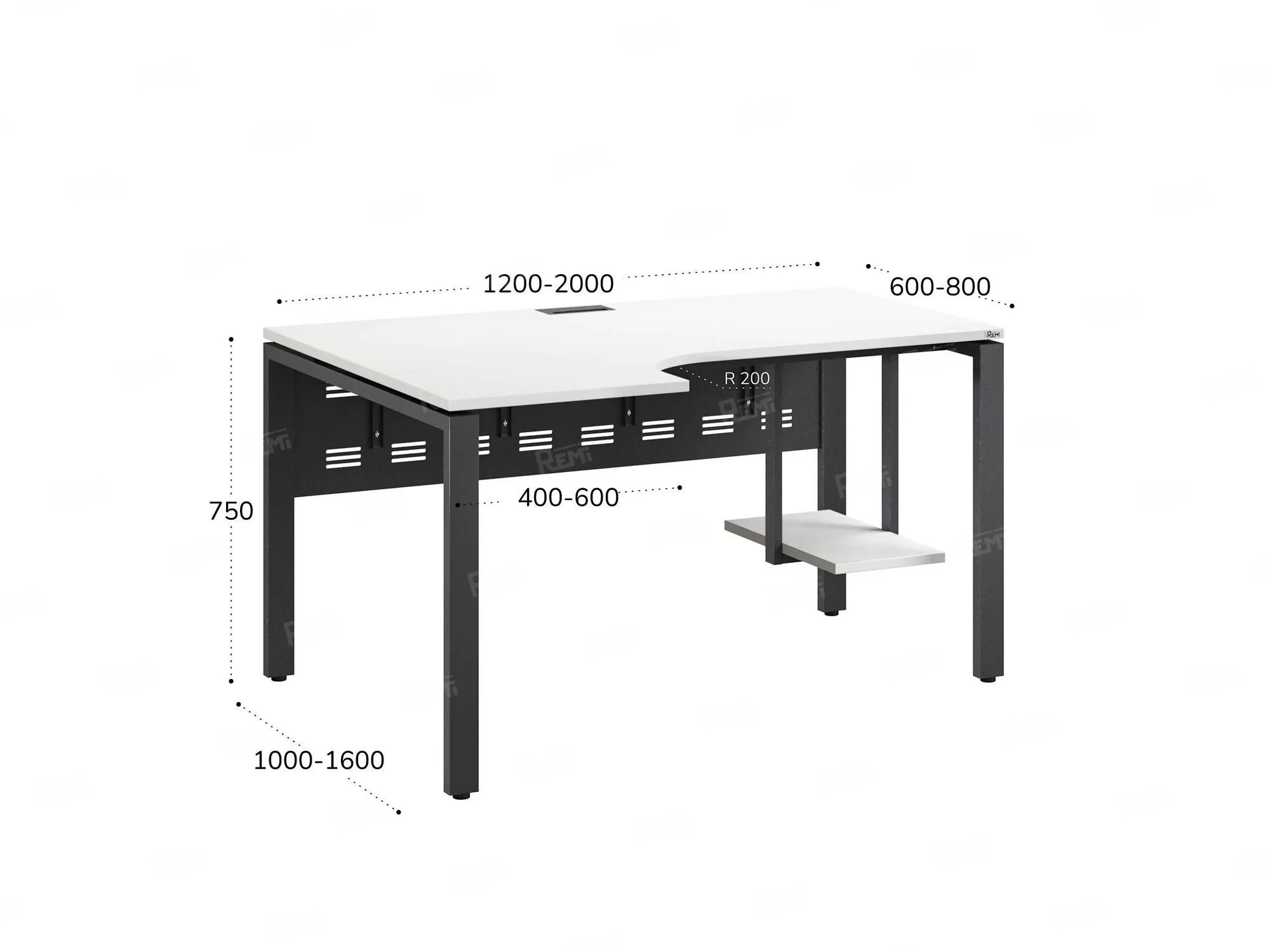 Стол угловой, экран металл, П-опора, левый 1400x600/900x750, RM059-14x6-9 Белый/Серый
