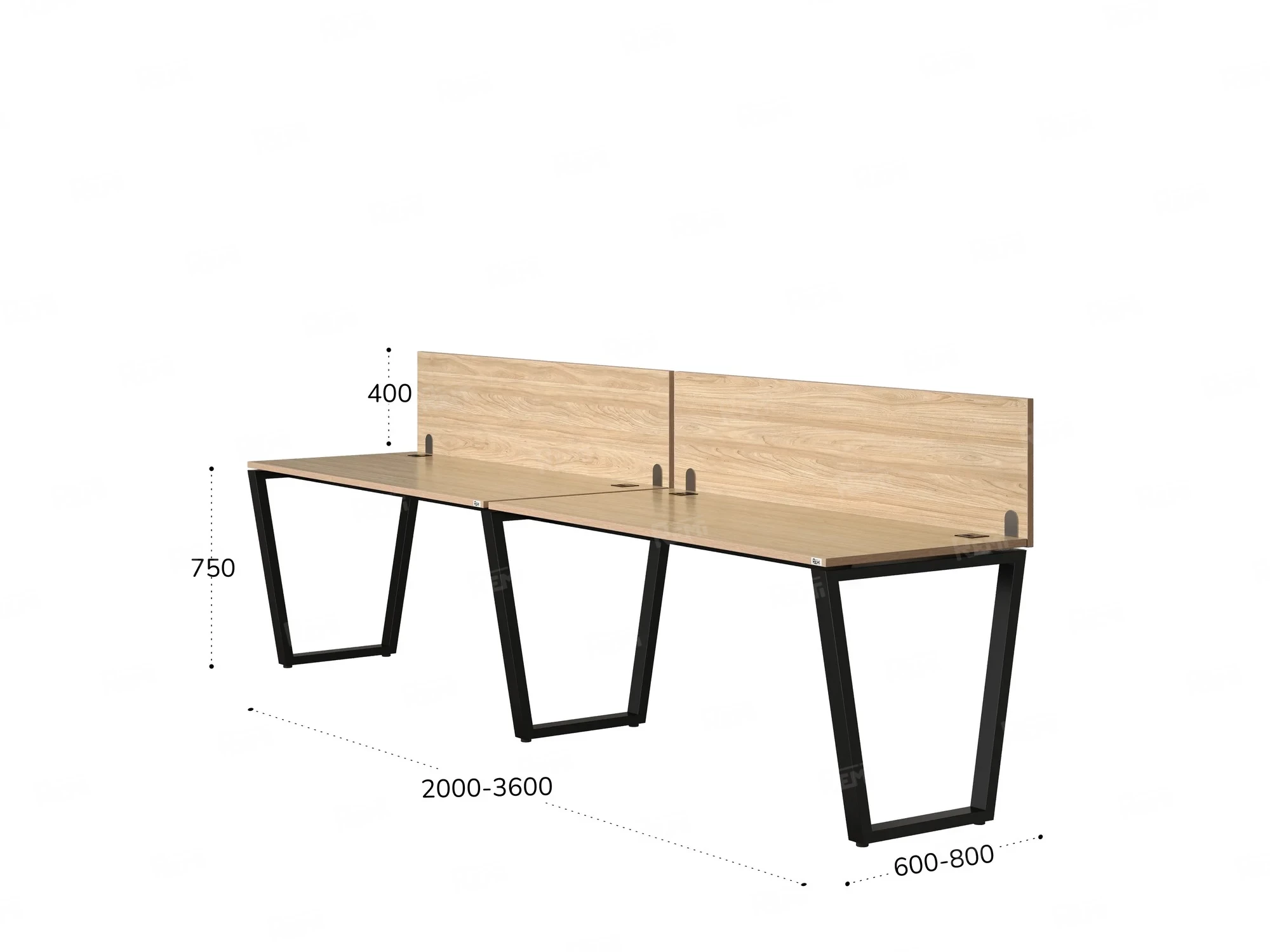 Бенч-система в 1 ряд, 2 рабочих места 2 ЛДСП экранов 3200x600x750 RM174-4-32x6 Вяз Швейцарский светлый/Черный