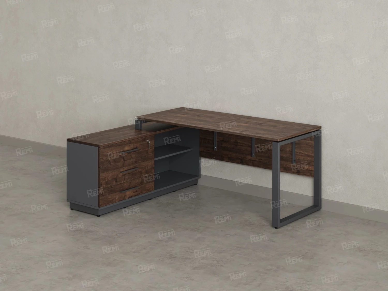 Стол прямой с тумбой L, ЛДСП экран, О-опора 1400x600x750 RM013L-14x6 Дуб Апрельский шоколад/Серый