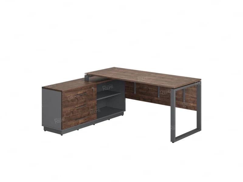 Стол прямой с тумбой L, ЛДСП экран, О-опора 1400x1400x750 RM013L-14x6 Дуб Апрельский шоколад/Серый