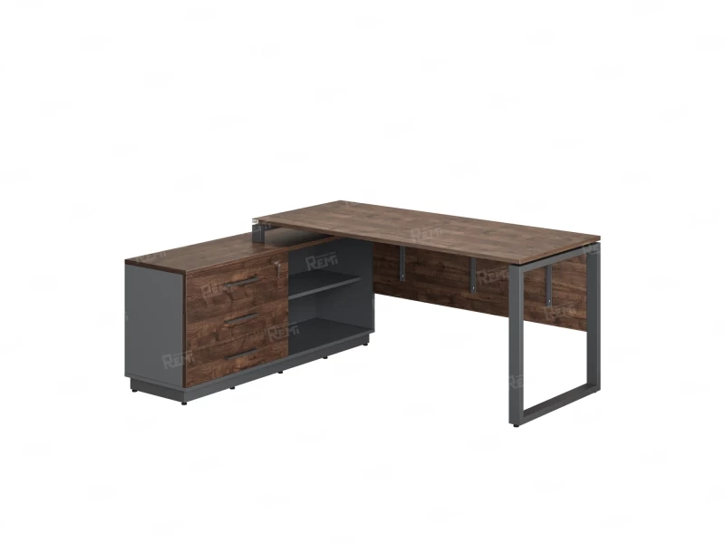 Стол прямой с тумбой L, ЛДСП экран, О-опора 1400x1400x750 RM013L-14x6 Дуб Апрельский шоколад/Серый