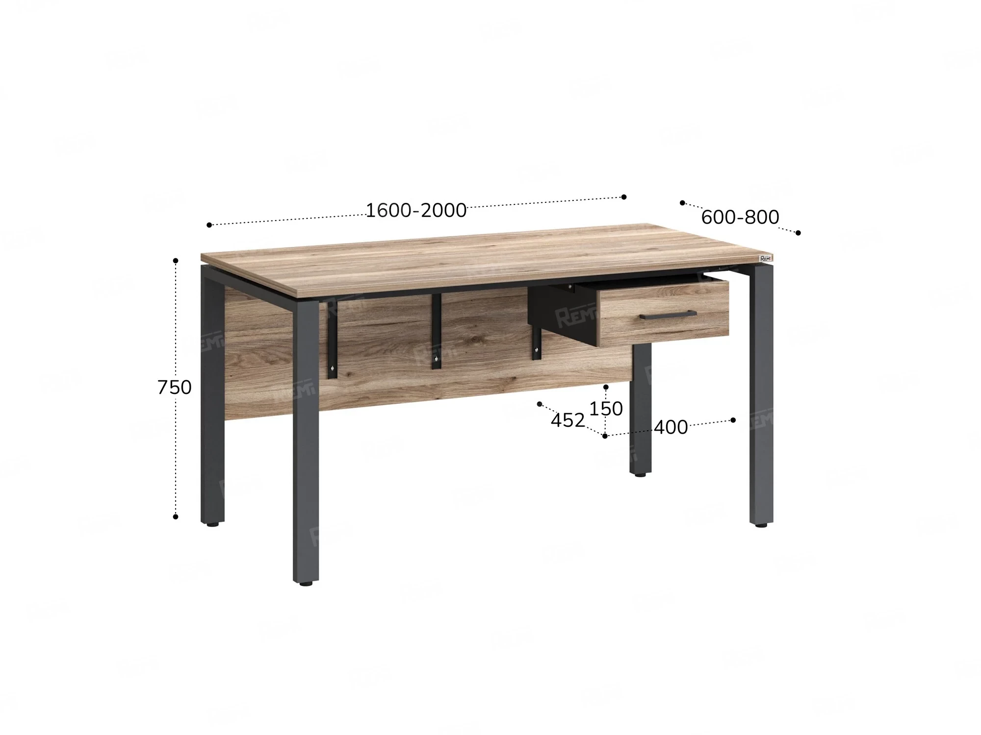 Стол прямой, подвесная тумба, ЛДСП экран, П-опора 1800x700x750 RM030-18x7 Дуб Маувелла/Серый