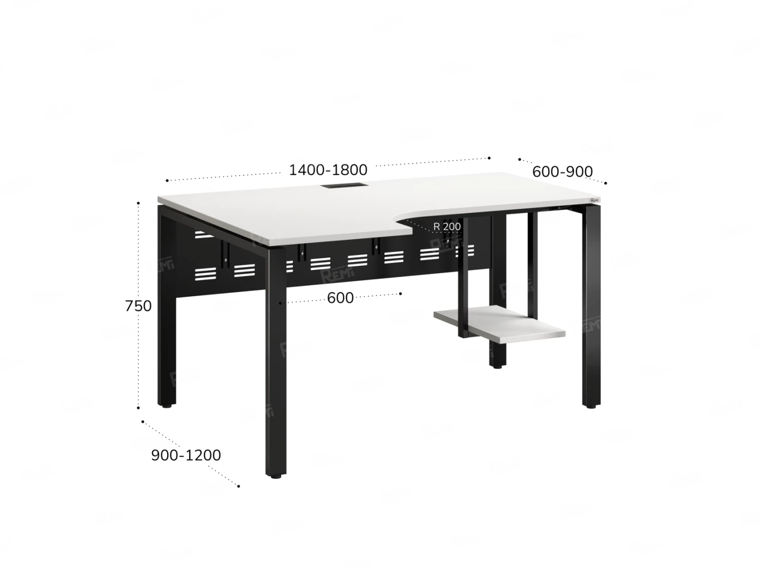 Стол угловой, экран металл, П-опора, левый 1400x600/900x750, RM059-14x6-9 Белый/Черный